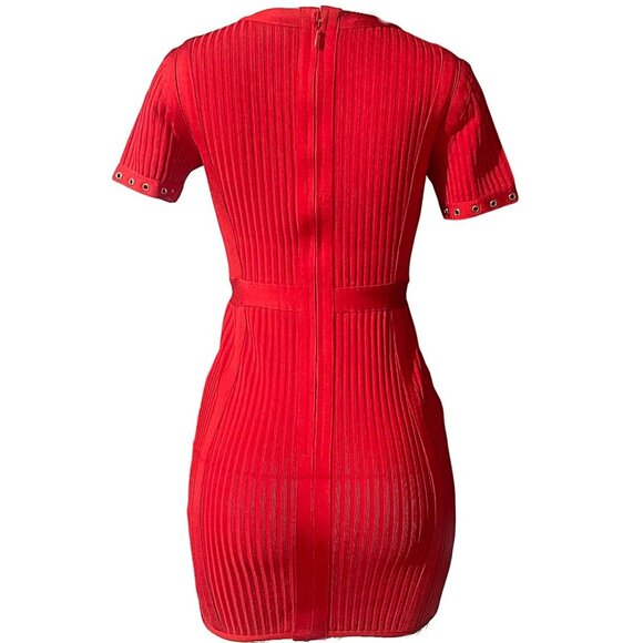 Punch Hole Punk Look Red Mini Dress Bodycon Short Sleeve Ribbed Bandage Fit M - Picture 6 of 9